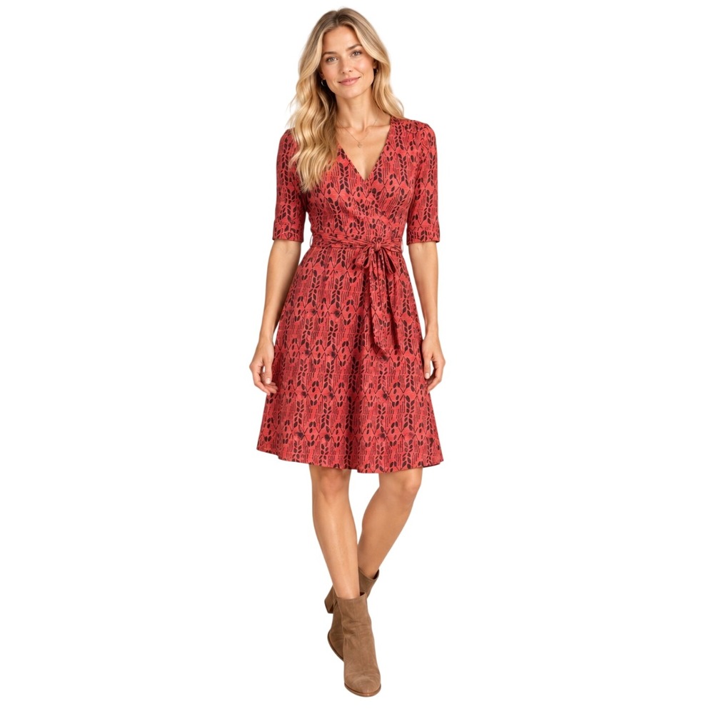 Toad&Co Rosemarie Dress Small Red Leaf Print Faux Wrap V-Neck Short Sleeve Tie
